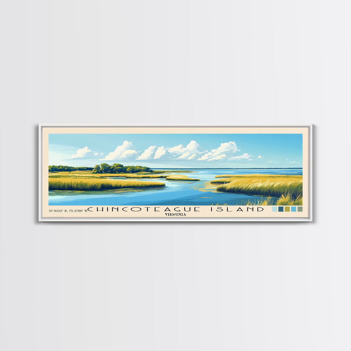 Chincoteague Island, Virginia Panoramic Beach Print, Vacation Gift, Virginia Wall Art, Framed Canvas Print, Framed Beach Painting