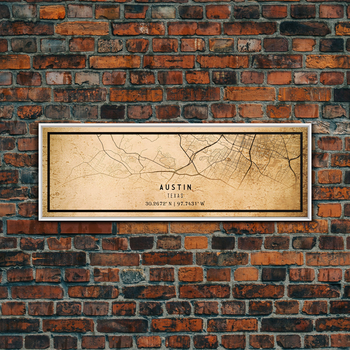 Panoramic Austin Map Print Canvas or Poster, Texas Map Art, Texas Map Print, Vintage Texas Map Framed Art, Retro / Distressed Office Art