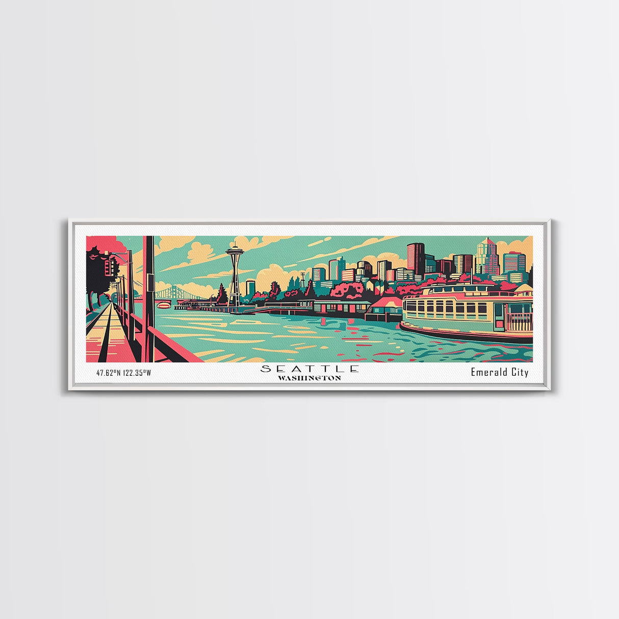 Seattle Washington Panoramic Painting Framed Canvas Print, Travel Poster, Mid Century Modern Art, Pop Art Style, Wall Decor, Home Decor