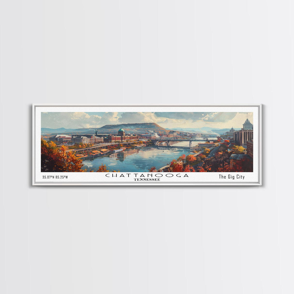 Chattanooga Tennessee Panoramic Watercolor Painting Framed Canvas Print, Travel Poster Art, Scenic Landscape, Living Room Decor, Wall Hanging, Office Art, Tennessee-Themed Gift