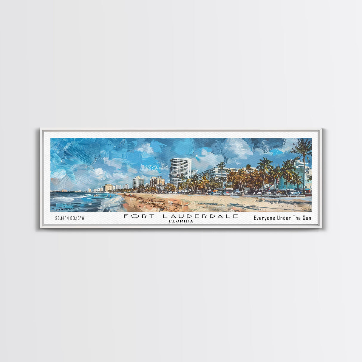 Fort Lauderdale Florida Panoramic Watercolor Painting, Scenic Framed Canvas Print, Urban Wall Art for Living Room, Travel Poster, Home Decor, City Gift Idea