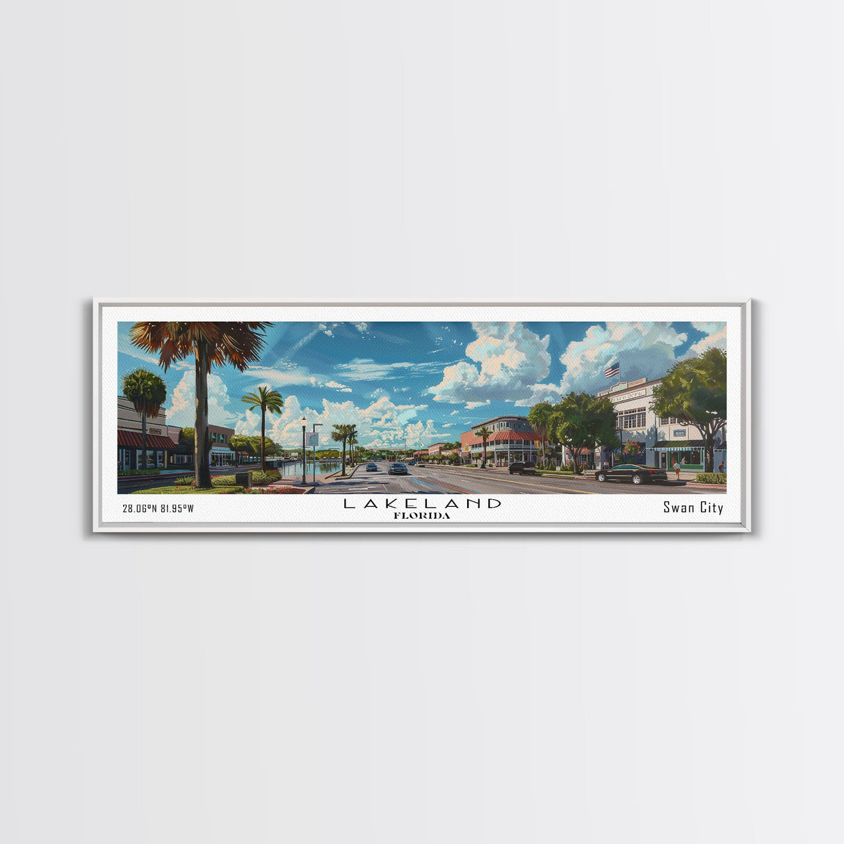 Lakeland Florida Panoramic Cityscape Wall Art, Watercolor Framed Canvas Print, Urban Painting for Living Room, Office Decor, Travel Poster