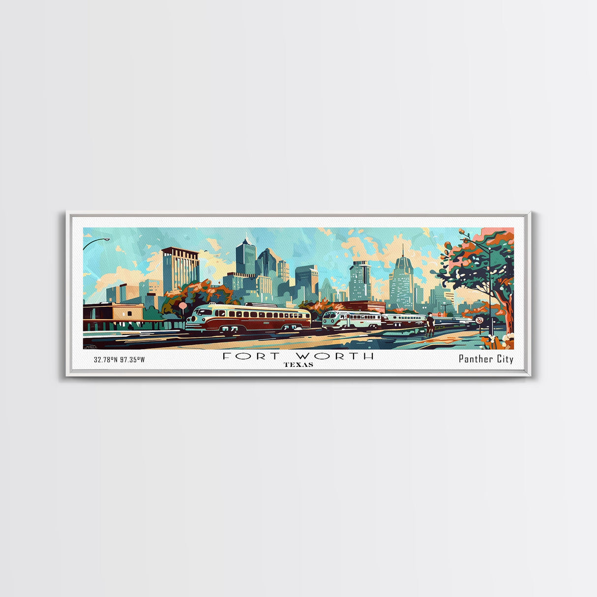 Fort Worth Texas Panoramic Wall Art, Mid Century Modern Framed Canvas Print, Retro Pop Art Travel Poster, Office Art, Living Room Decor