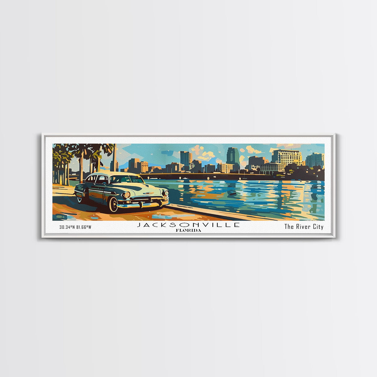 Jacksonville Florida Panoramic Wall Art, Mid Century Modern Framed Canvas Print, Retro Pop Art Travel Poster, Living Room Art, Office Decor, Wall Hanging