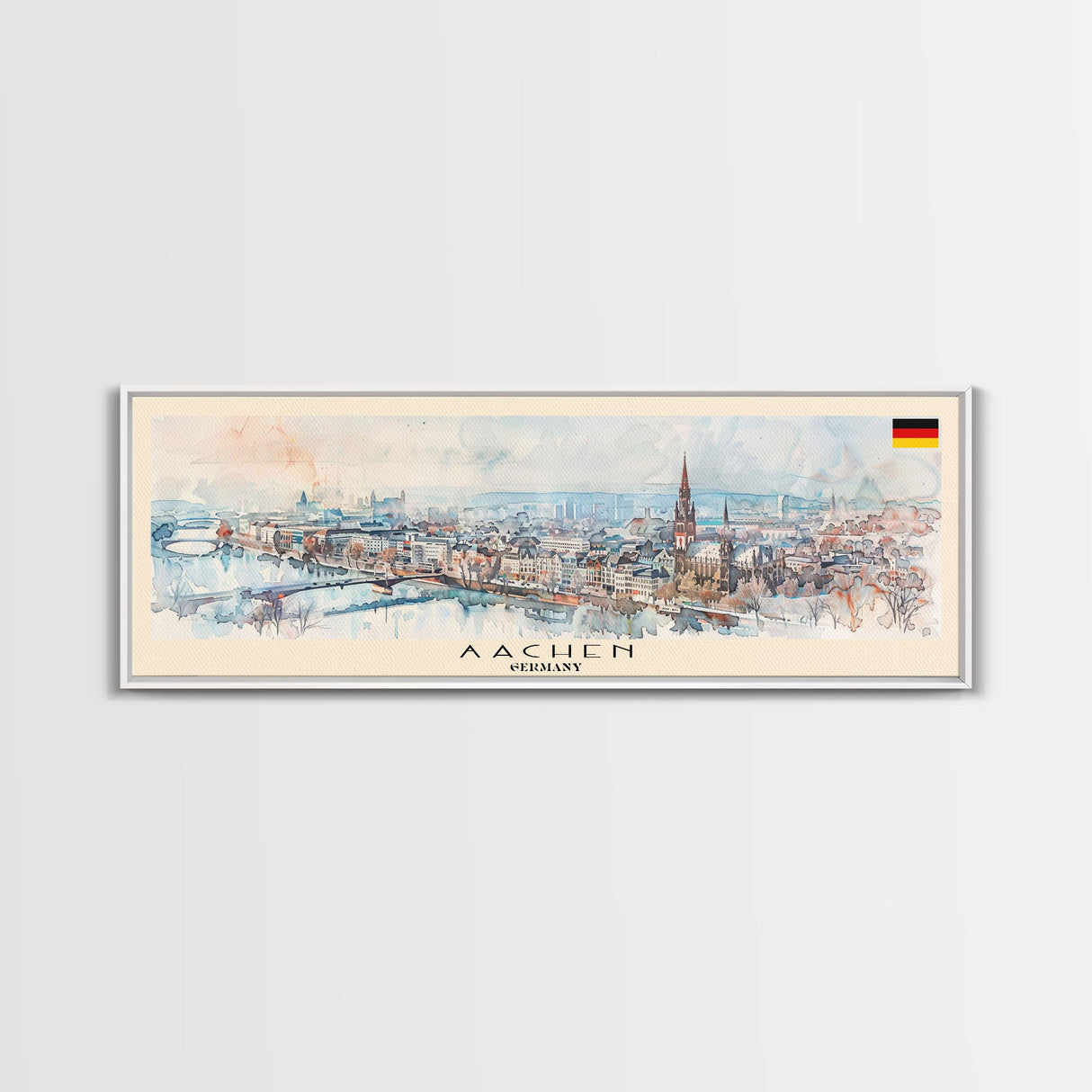 Aachen Germany Panoramic Travel Poster, Framed Canvas Print or Metal Wall Art, Travel Art, Home Decor, Panoramic Painting, Midcentury Art