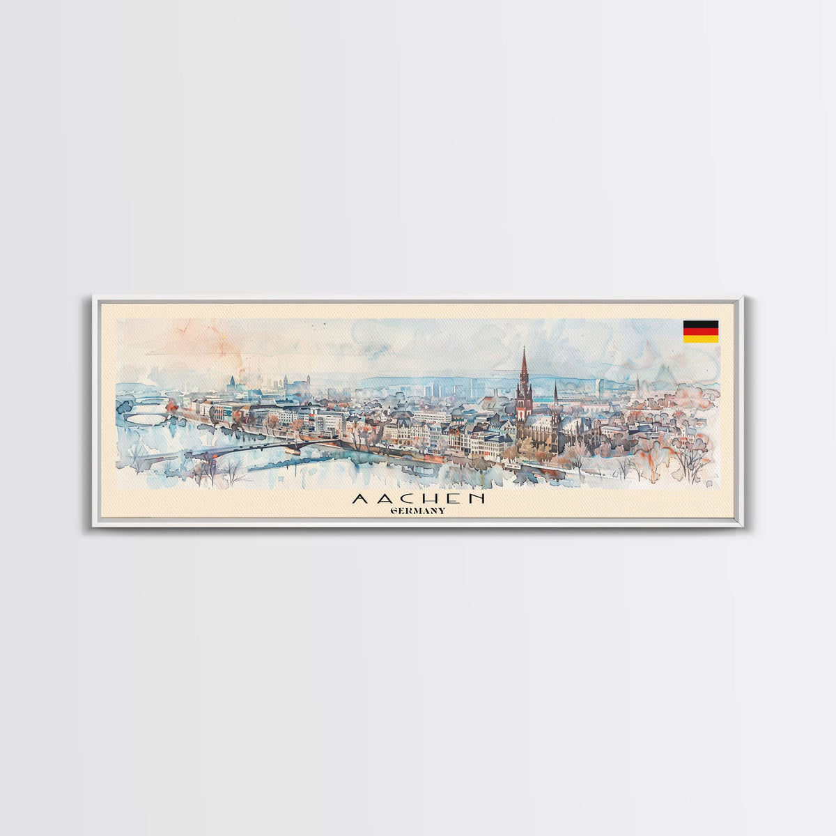 Aachen Germany Panoramic Travel Poster, Framed Canvas Print or Metal Wall Art, Travel Art, Home Decor, Panoramic Painting, Midcentury Art