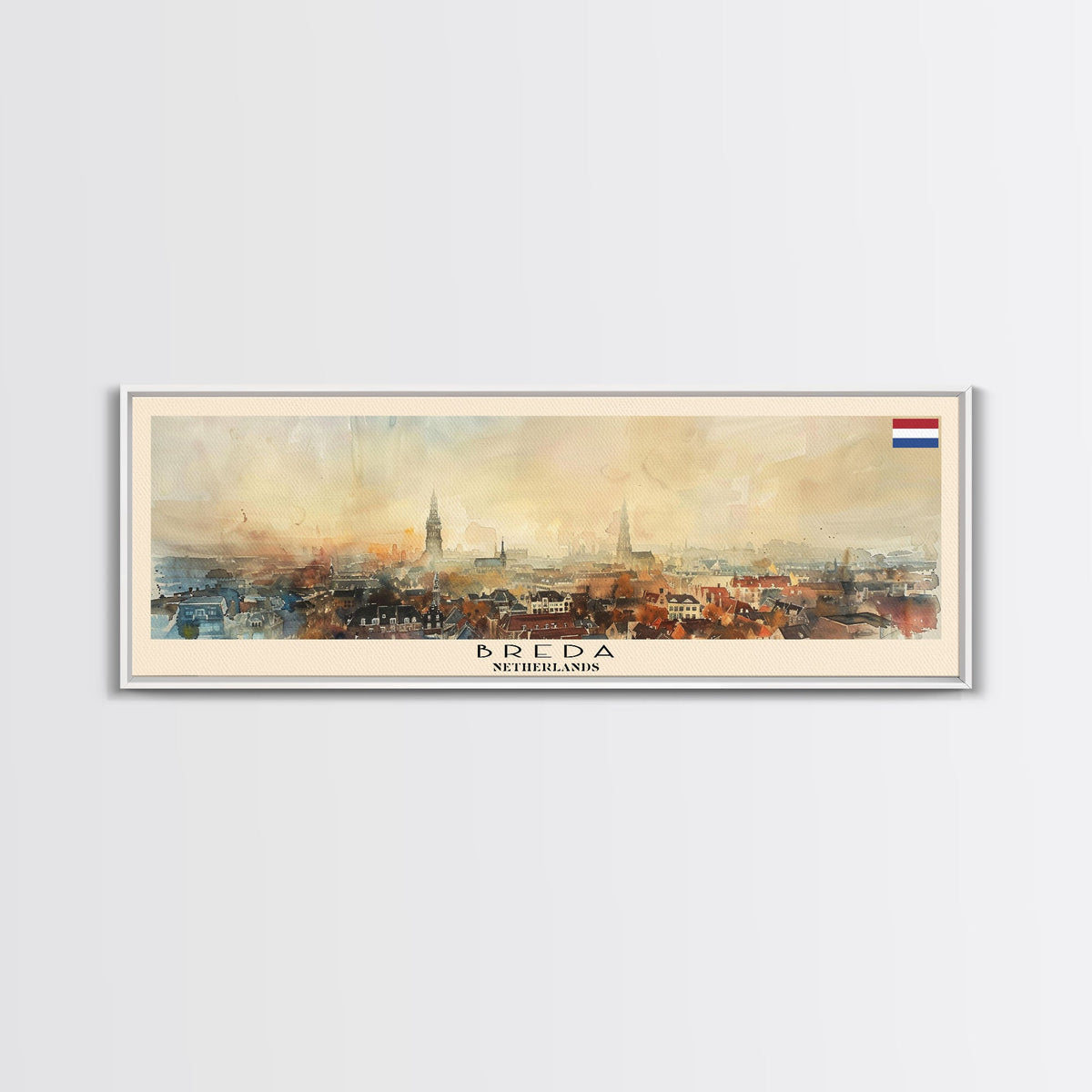 Breda Netherlands Panoramic Travel Poster, Framed Canvas Print or Metal Wall Art, Travel Art, Home Decor, Panoramic Painting, Midcentury Art
