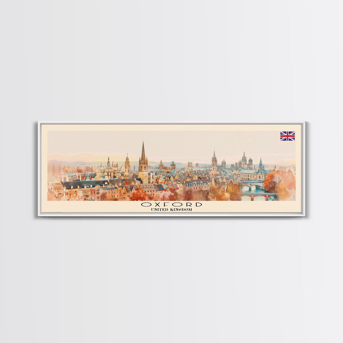 Oxford United Kingdom Panoramic Travel Poster, Framed Canvas Print or Metal Wall Art, Travel Art, Home Decor, Panoramic Painting, Midcentury Art