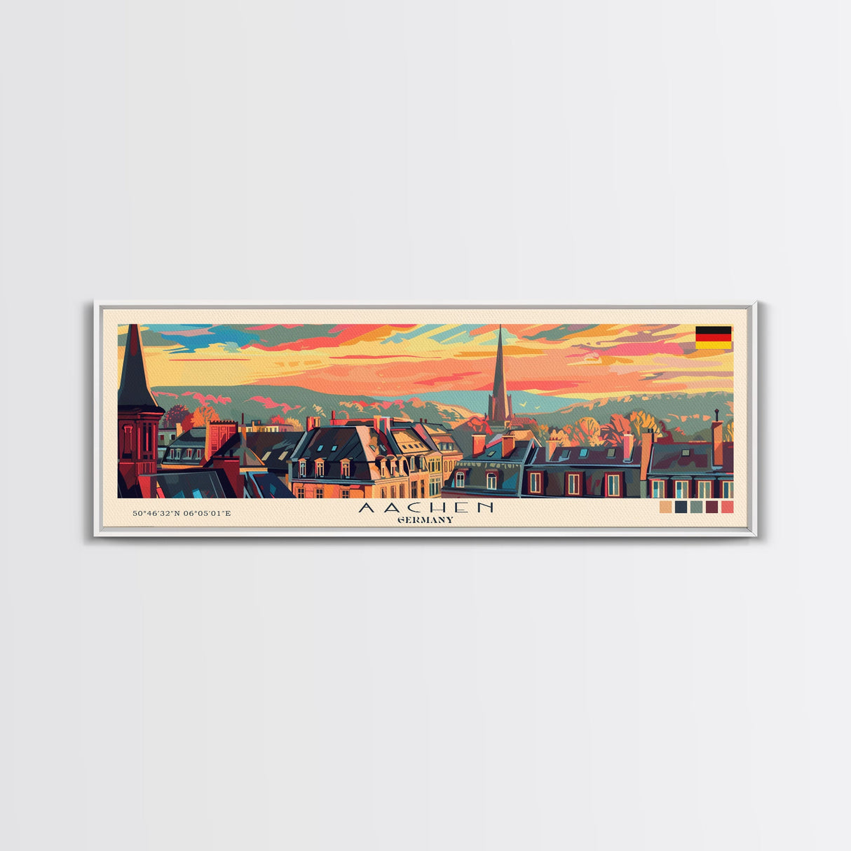 Aachen Germany Panoramic Travel Poster, Framed Canvas Print or Metal Wall Art, Travel Art, Home Decor, Panoramic Painting, Midcentury Art