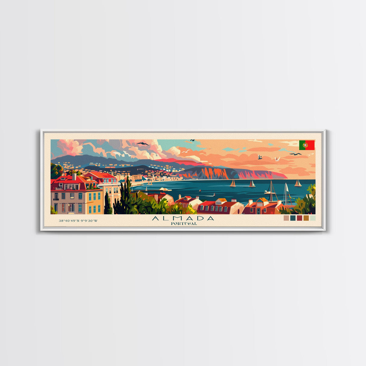 Almada Portugal Travel Art, City Art, Framed Canvas Print or Metal Wall Art, Europe Travel Poster, Panoramic Wall Art, Extra Wide Wall Art