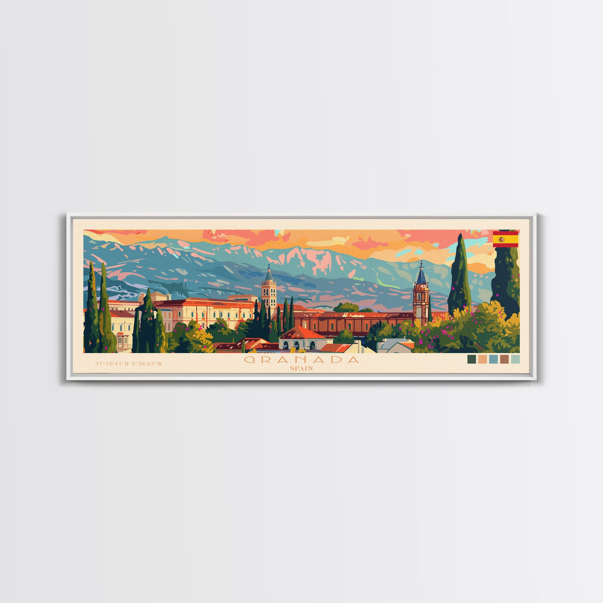 Granada Spain Panoramic Travel Poster, Framed Canvas Print or Metal Wall Art, Travel Art, Home Decor, Panoramic Painting, Midcentury Art