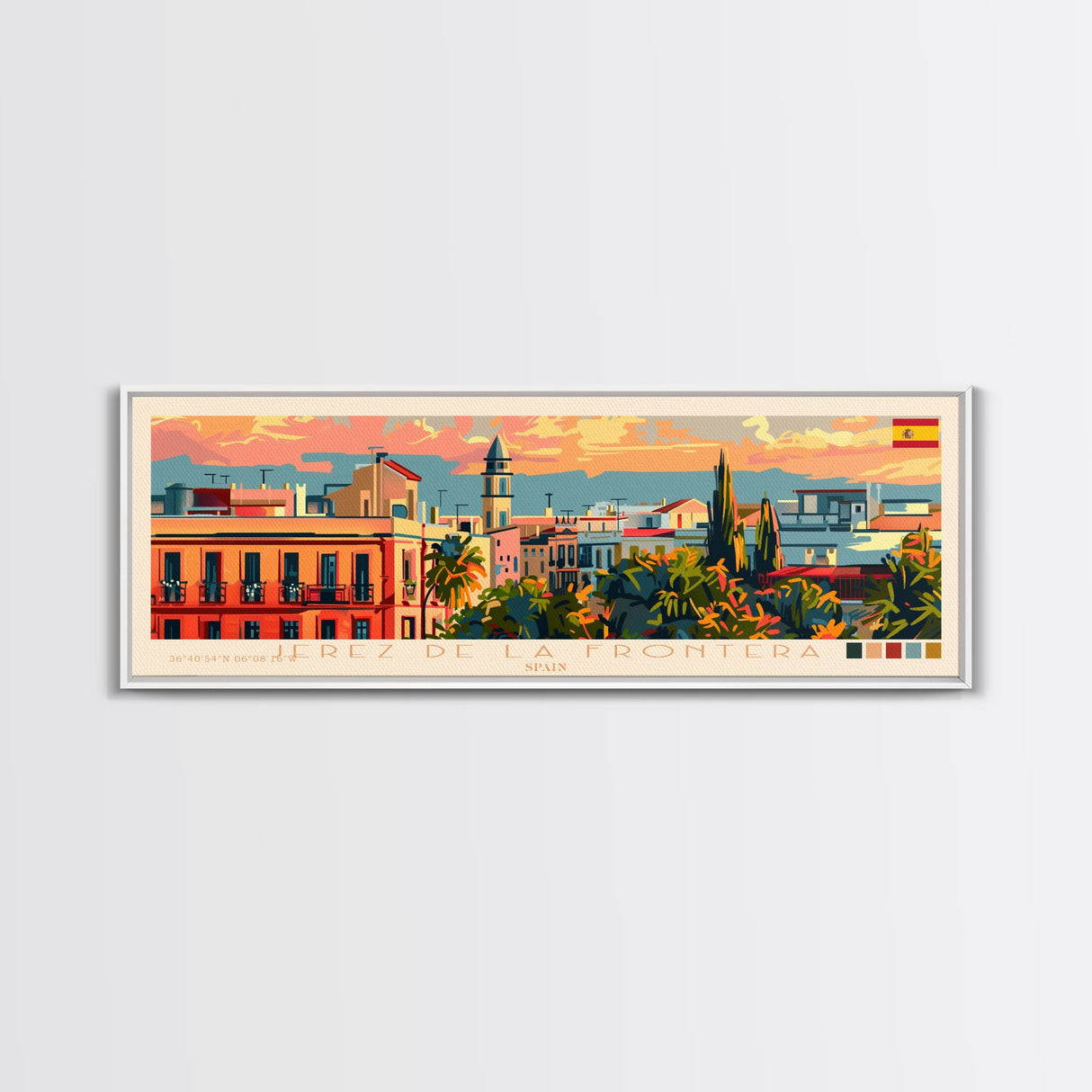 Jerez D eLa Frontera Spain Panoramic Travel Poster, Framed Canvas Print or Metal Wall Art, Travel Art, Home Decor, Panoramic Painting, Midcentury Art