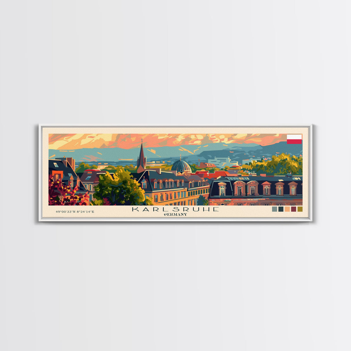 Karlsruhe Germany Panoramic Travel Poster, Framed Canvas Print or Metal Wall Art, Travel Art, Home Decor, Panoramic Painting, Midcentury Art