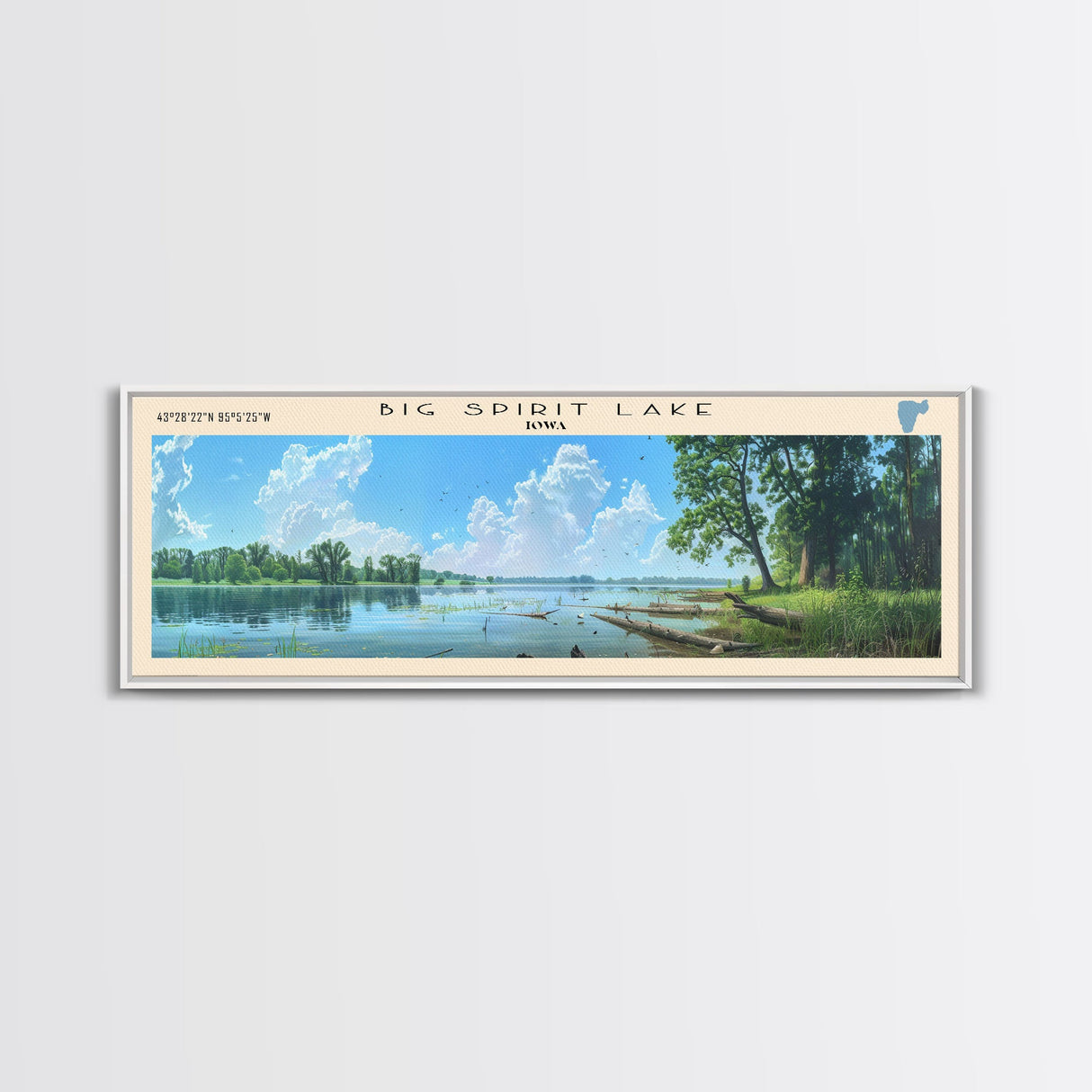 Big Spirit Lake Iowa Framed Canvas Print, Panoramic Lake House Decor, Scenic View, Travel Poster, Rustic Art, Lake Painting