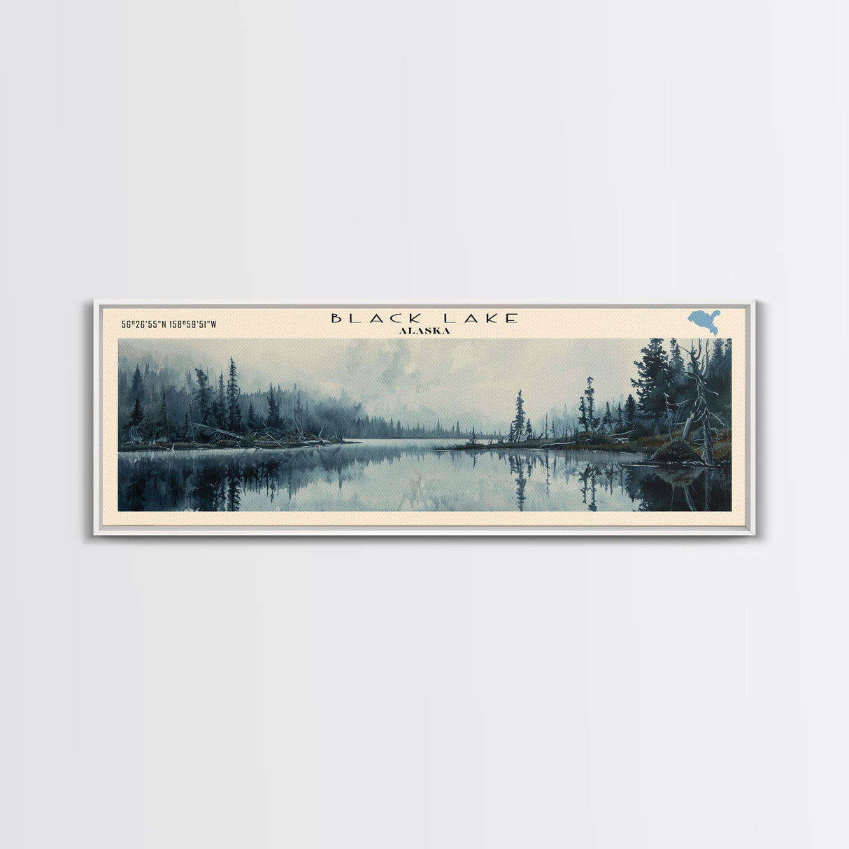 Black Lake USA SW Alaska Framed Canvas Print, Lake House Art, Panoramic Scenic View, Travel Poster, Rustic Art, Lake Painting