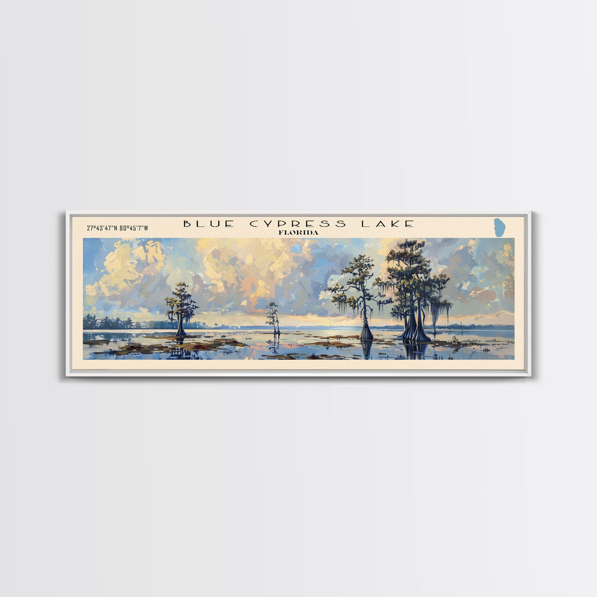Blue Cypress Lake Florida Framed Canvas Print, Lake House Art, Panoramic Scenic View, Travel Poster, Modern Decor, Lake Painting