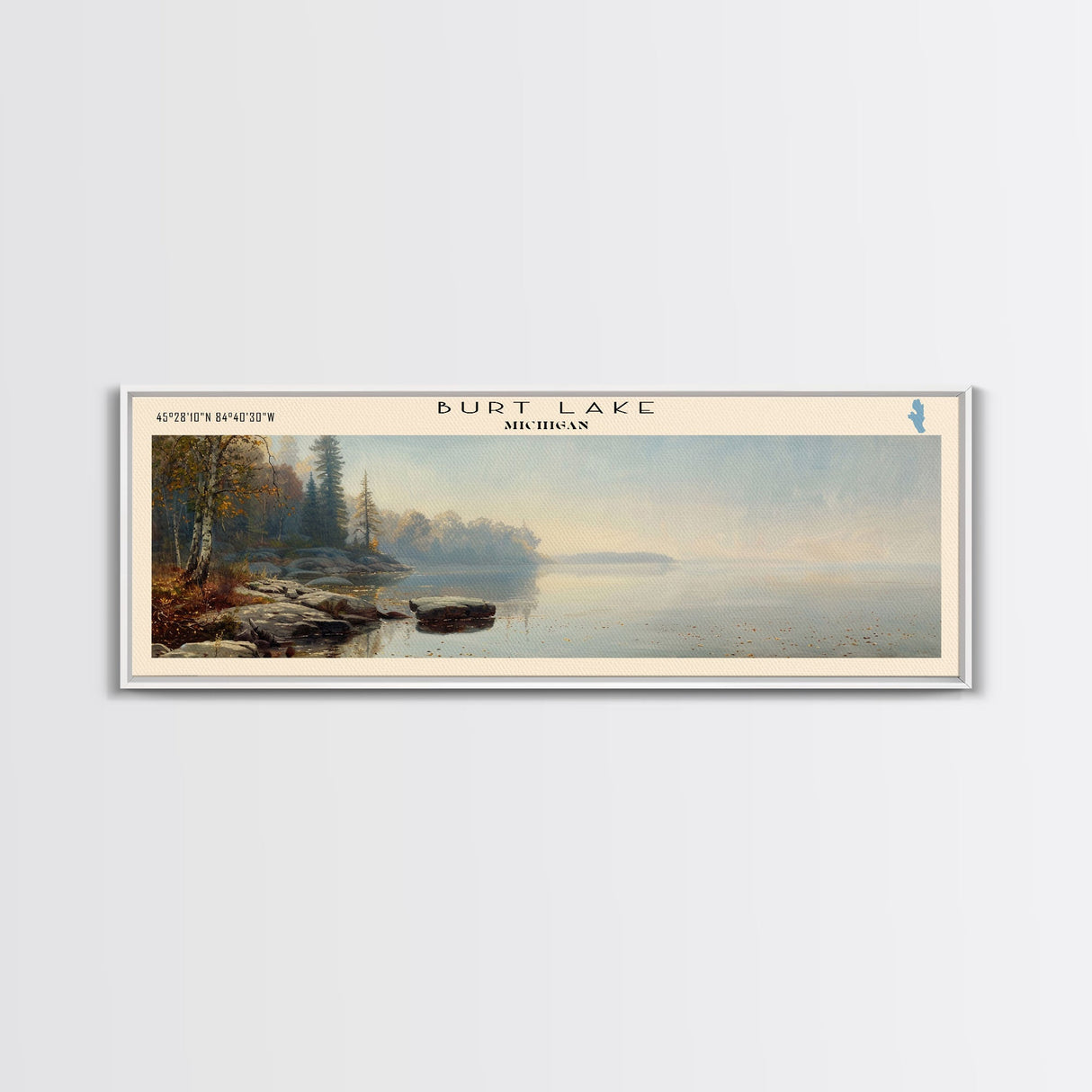 Burt Lake Michigan Framed Canvas Print, Panoramic Lake House Decor, Wall Art, Travel Poster, Rustic Lake Painting, Nature Art