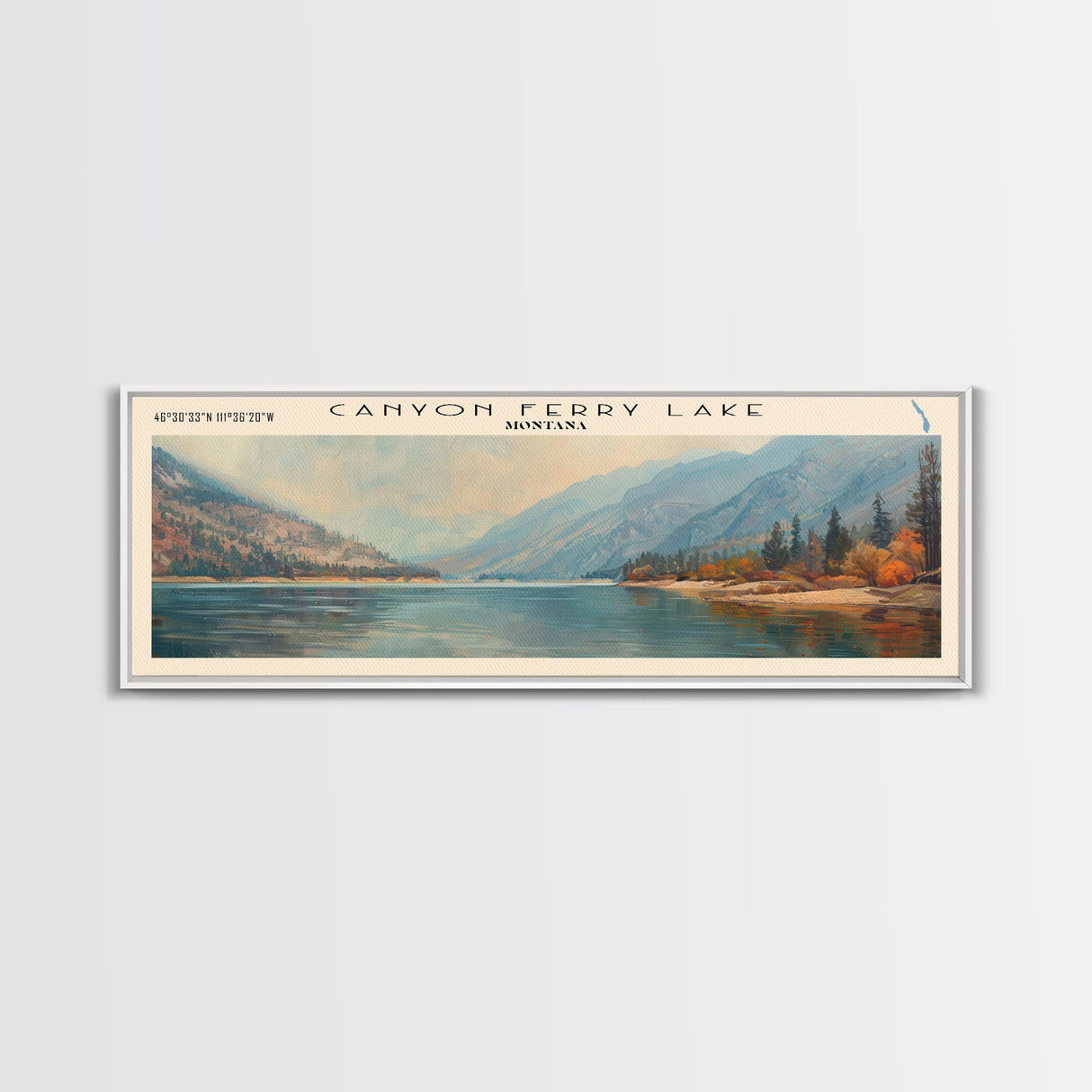 Canyon Ferry Lake Montana Framed Canvas Print, Lake House Art, Panoramic Wall Art, Travel Poster, Rustic Lake Painting, Nature Art