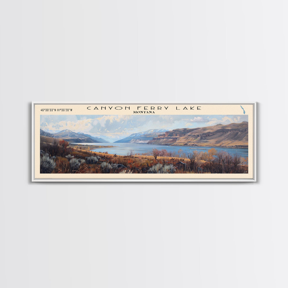 Canyon Ferry Lake Framed Canvas Print, Panoramic Lake House Decor, Wall Art, Travel Poster, Modern Lake Painting, Home Decor