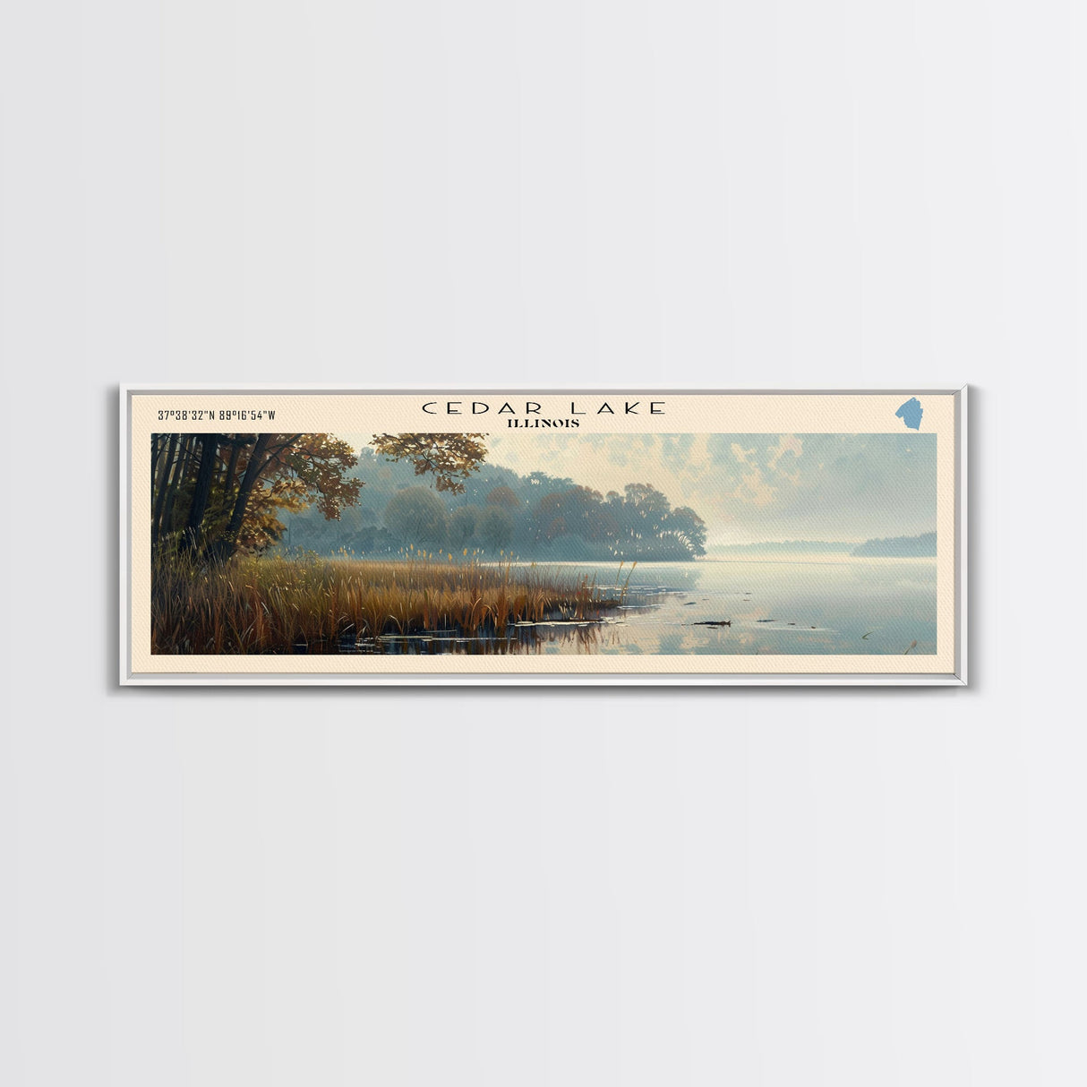 Cedar Lake Illinois Framed Canvas Print, Lake House Art, Panoramic Wide Art, Travel Poster, Minimalist Lake Painting, Home Decor