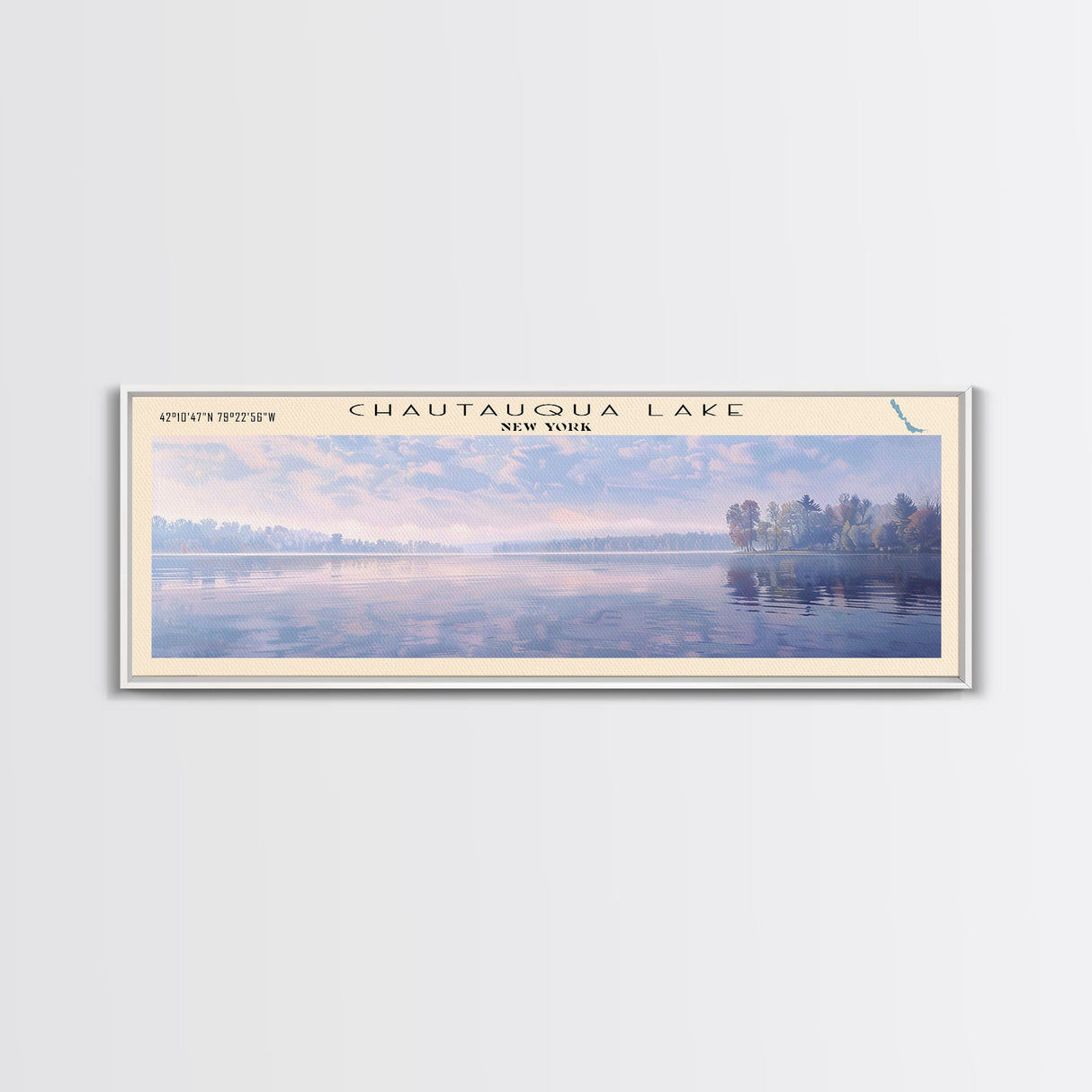 Chautauqua Lake New York Framed Canvas Print, Lake House Art, Panoramic Wide Wall Art, Travel Poster, Modern Lake Painting, Nature Art