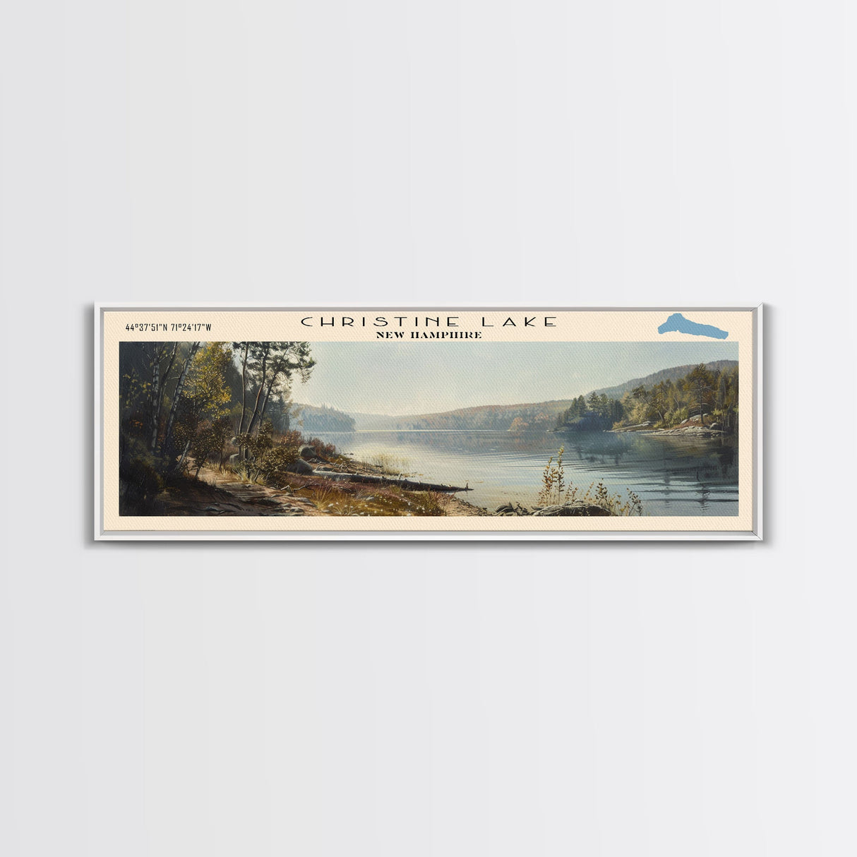 Christine Lake New Hampshire Framed Canvas Print, Lake House Art, Panoramic Wide Art, Travel Poster, Rustic Lake Painting, Home Decor