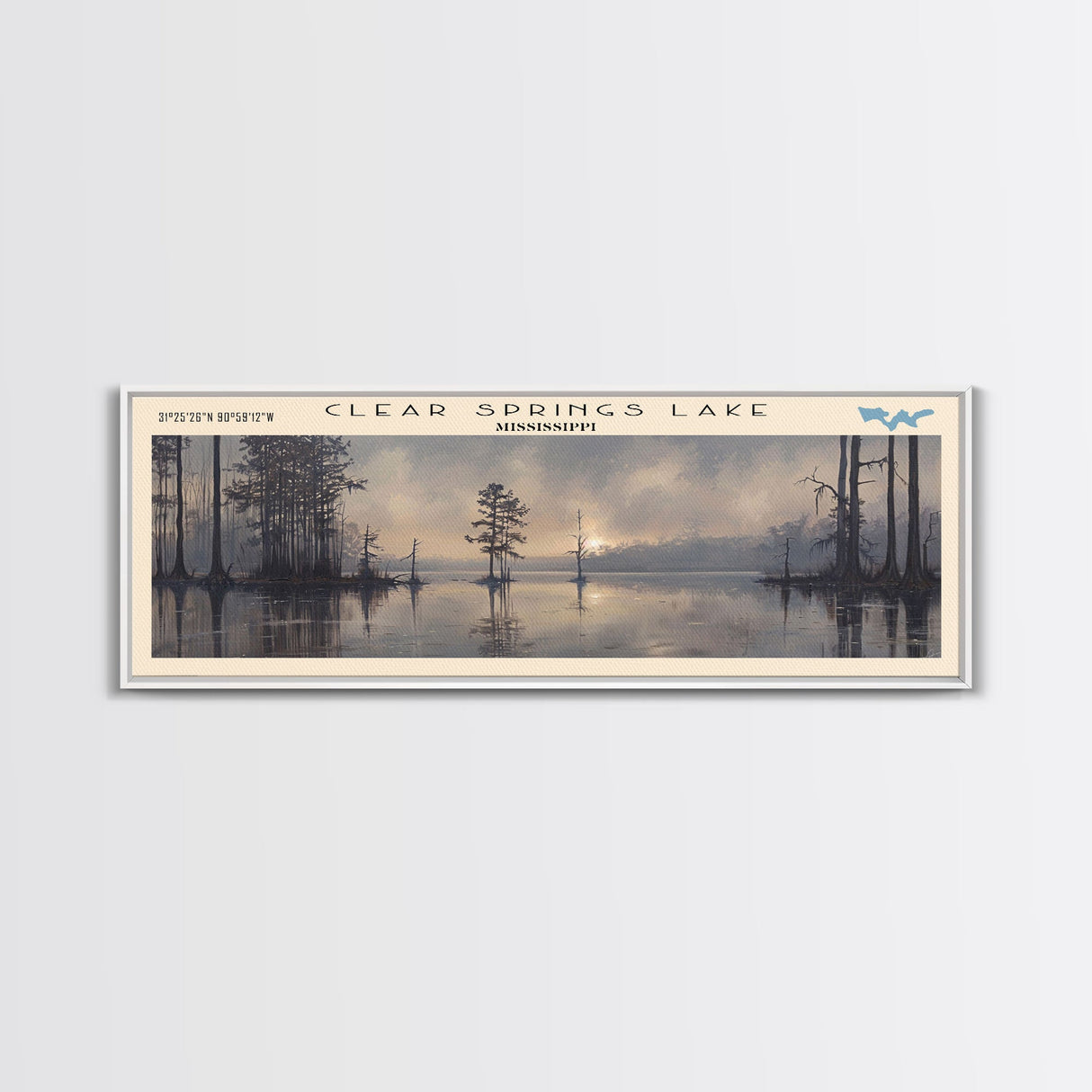 Clear Springs Lake Mississippi Framed Canvas Print, Panoramic Lake House Decor, Wide Wall Art, Travel Poster, Modern Lake Painting, Nature Art
