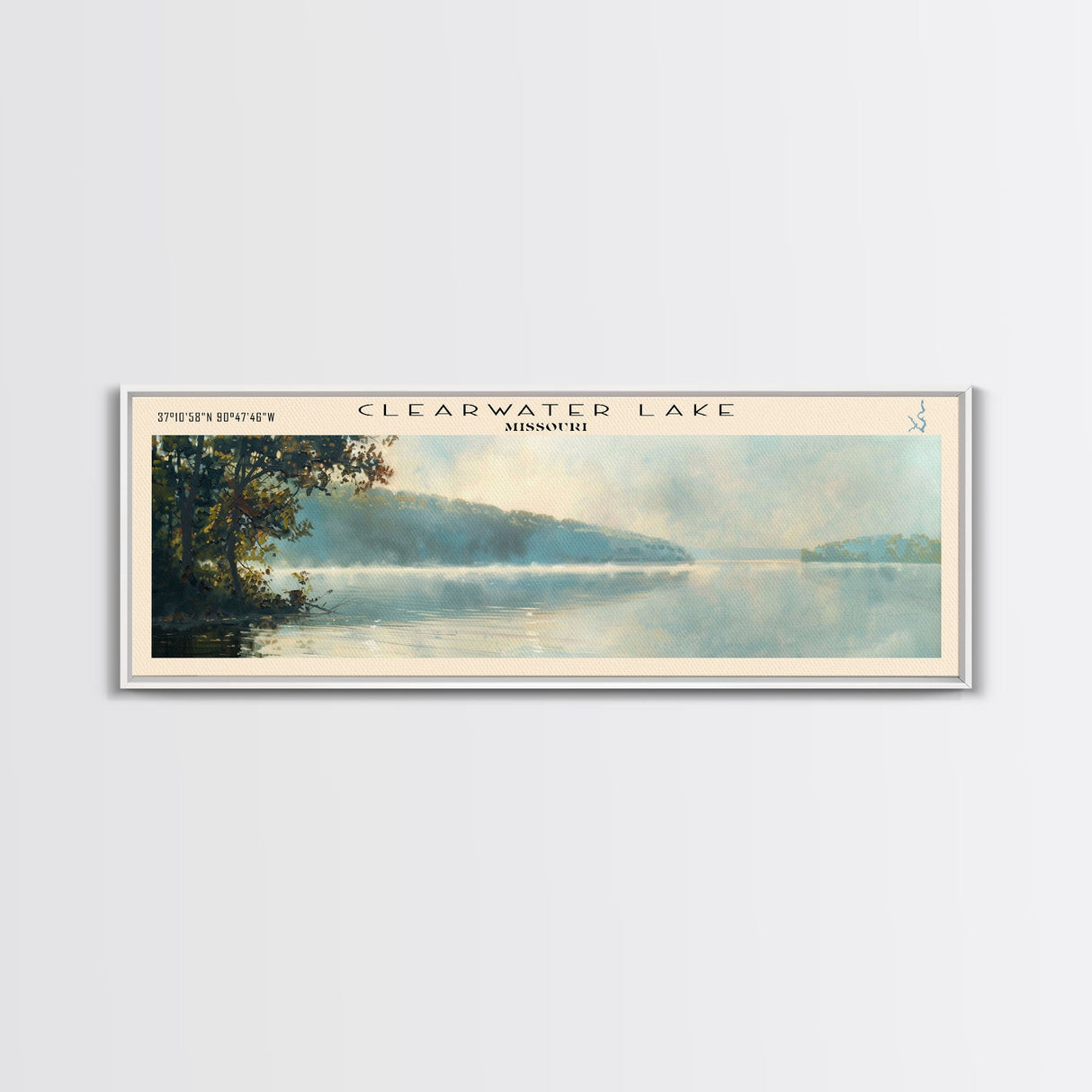 Clearwater Lake Framed Canvas Print, Lake House Art, Panoramic Travel Poster, Wide Wall Art, Modern Lake Painting, Home Decor