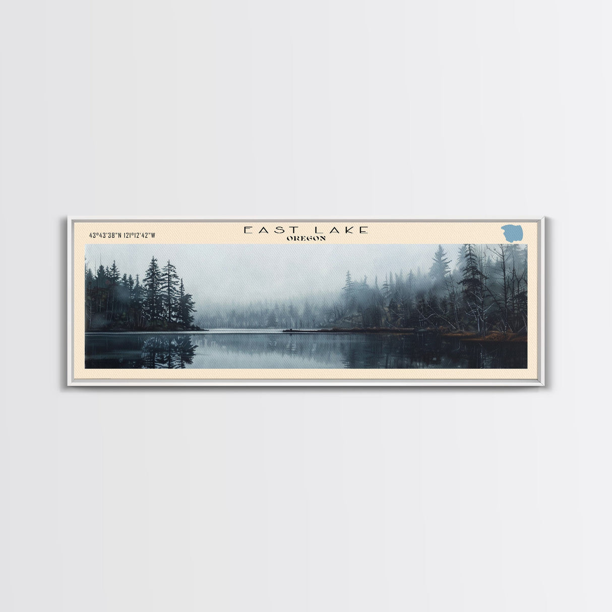 East Lake Oregon Framed Canvas Print, Panoramic Lake House Decor, Wall Art, Travel Poster, Rustic Lake Painting, Home Decor