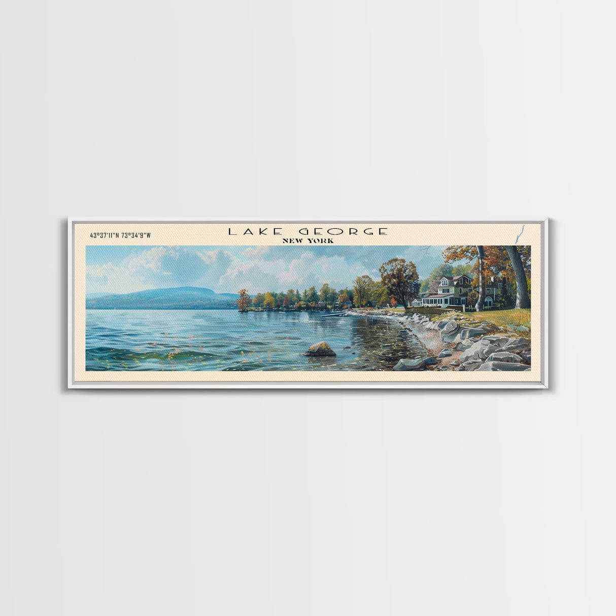 Lake George New York Framed Canvas Print, Lake House Decor, Panoramic Wall Art, Travel Poster, Stunning Landscape Painting, Home Art