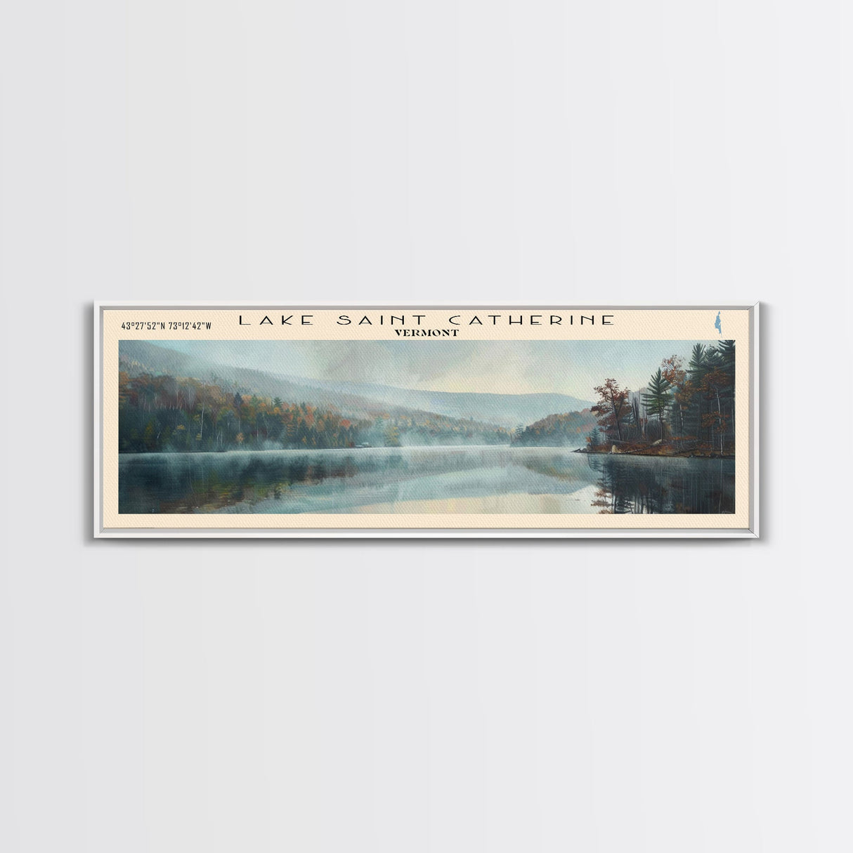 Lake Saint Catherine, Boho Art, Scenic Landscape, Travel Poster Art, Wall Art, Home Decor, Nature Scene, Lake Painting, Minimalist Art, Living Room Decor, Travel Print, Framed Canvas Print, Lake House Decor, Panoramic Print