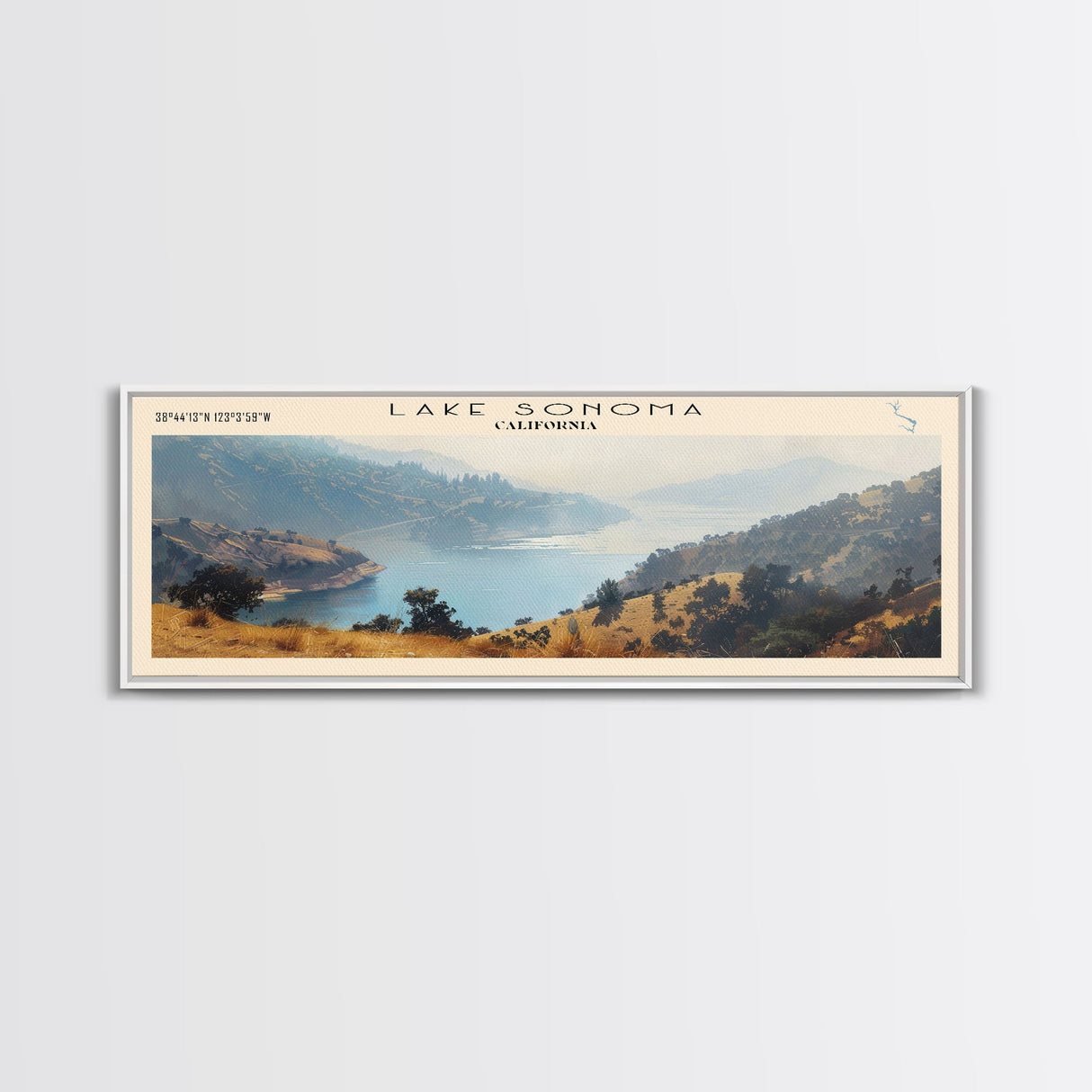Lake Sonoma California Framed Canvas Print, Lake House Decor, Panoramic Wall Art, Travel Poster, Stunning Landscape Painting, Contemporary Art