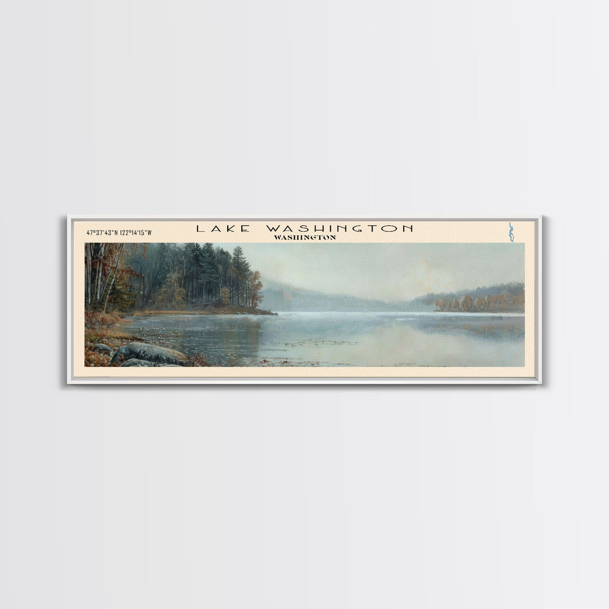 Lake Washington Washington Framed Canvas Print, Lake House Decor, Panoramic Wall Art, Travel Poster, Landscape Painting, Living Room Decor