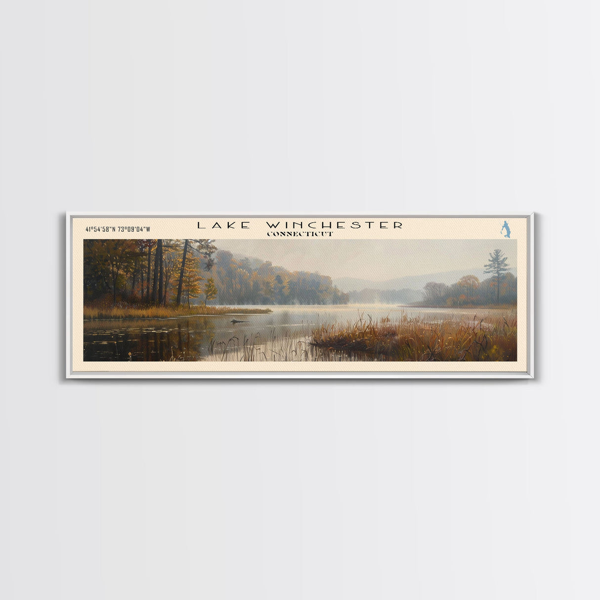 Lake Winchester Connecticut Framed Canvas Print, Lake House Decor, Panoramic Wall Art, Travel Poster, Landscape Painting, Contemporary Art