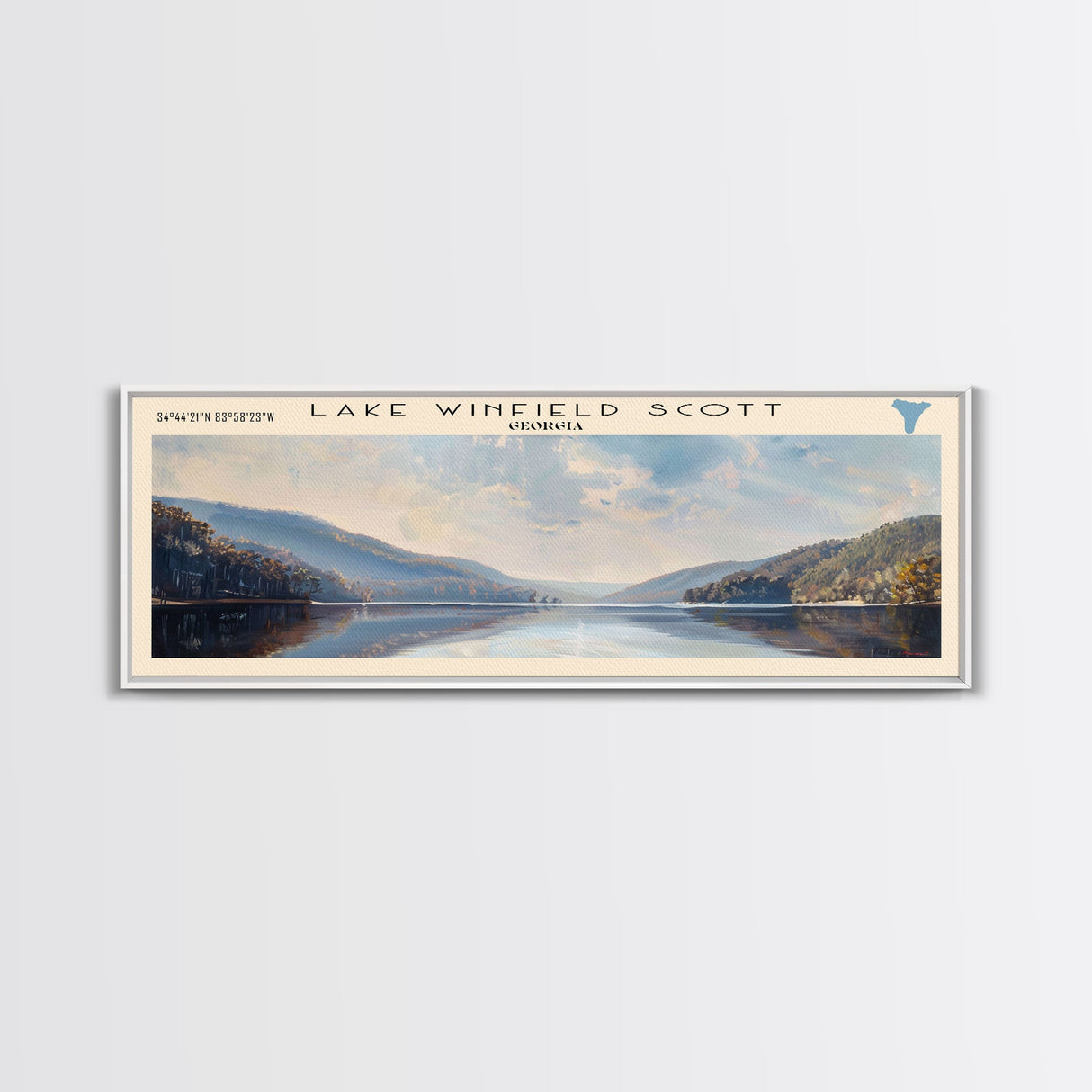 Lake Winfield Scott Georgia Framed Canvas Print, Lake House Decor, Panoramic Wall Art, Travel Poster, Scenic Landscape Painting, Rustic Art