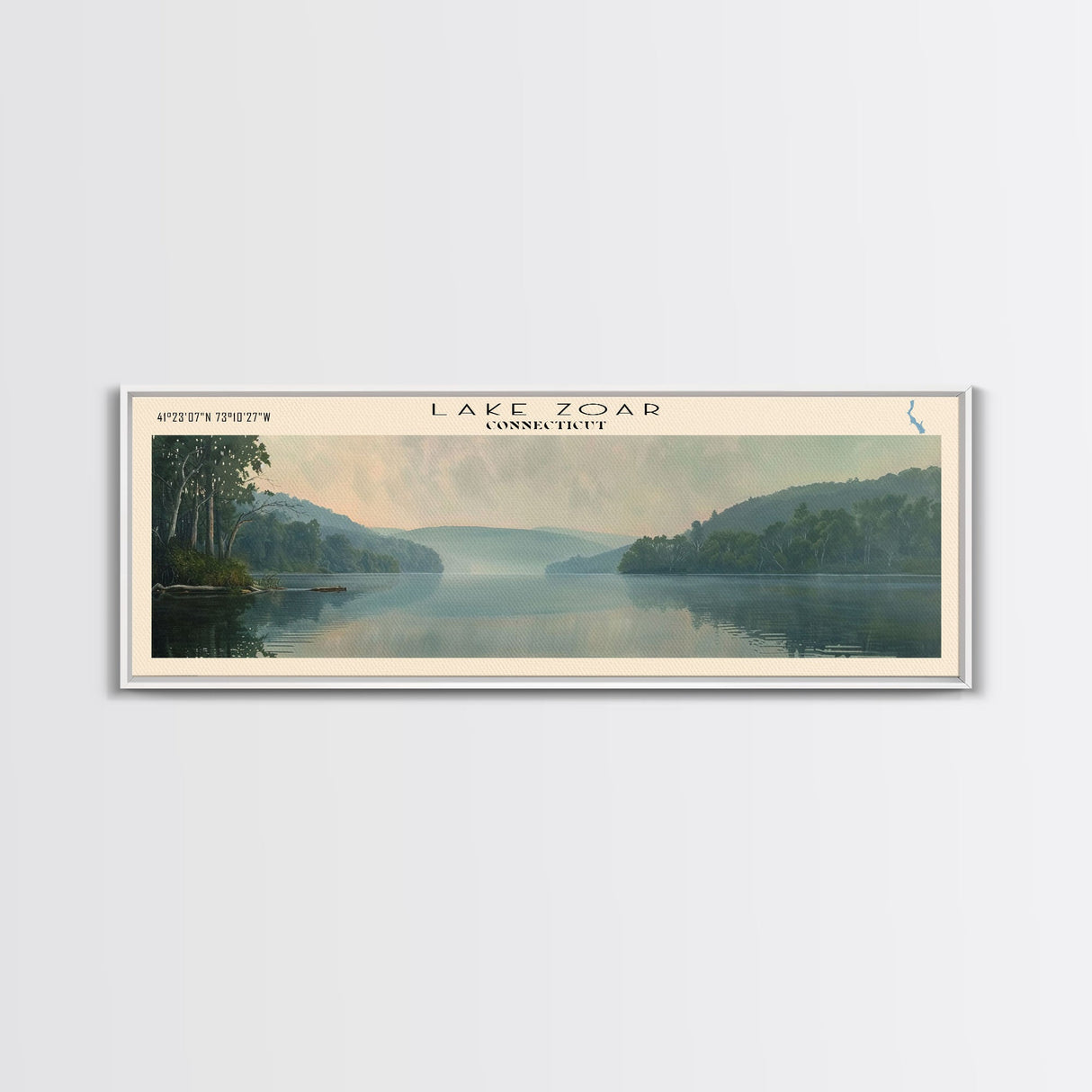 Lake Zoar Connecticut Framed Canvas Print, Lake House Decor, Panoramic Wall Art, Travel Poster, Landscape Painting, Living Room Decor