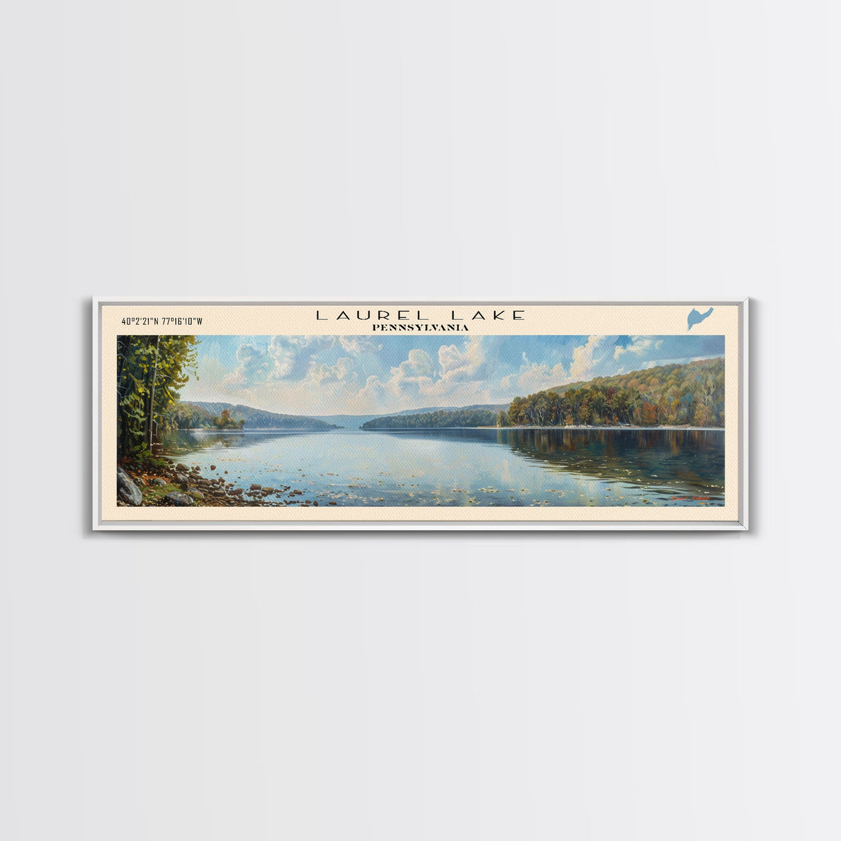 Laurel Lake Pennsylvania Framed Canvas Print, Lake House Decor, Panoramic Wall Art, Travel Poster, Landscape Painting, Bedroom Decor