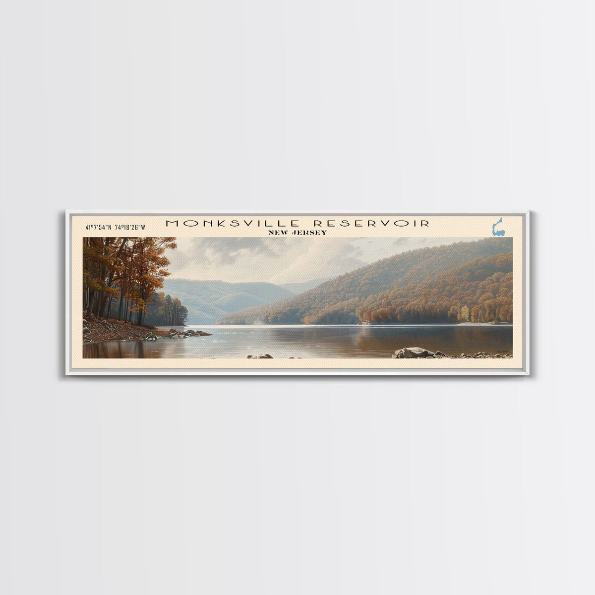 Newark Reservoir Delaware Framed Canvas Print, Lake House Decor, Panoramic Wall Art, Travel Poster, Landscape Painting, Modern Art