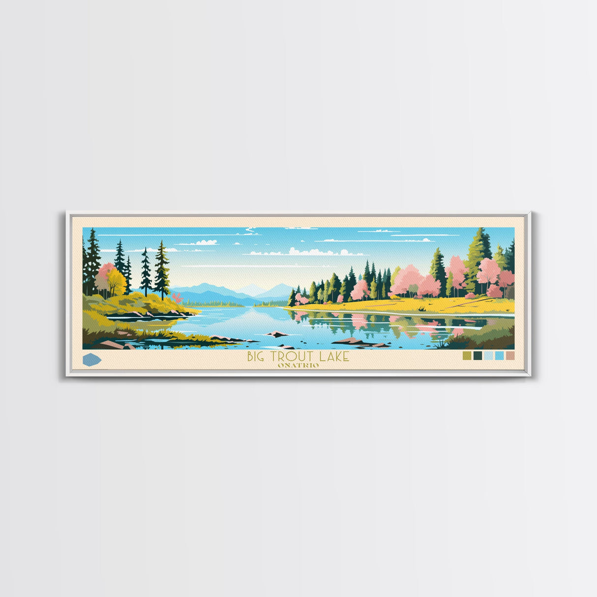 Big Trout Lake Ontario Framed Canvas Print, Panoramic Travel Poster, Midcentury Modern Wall Art, Pop Art, Nature Living Room Art, Lake House Decor