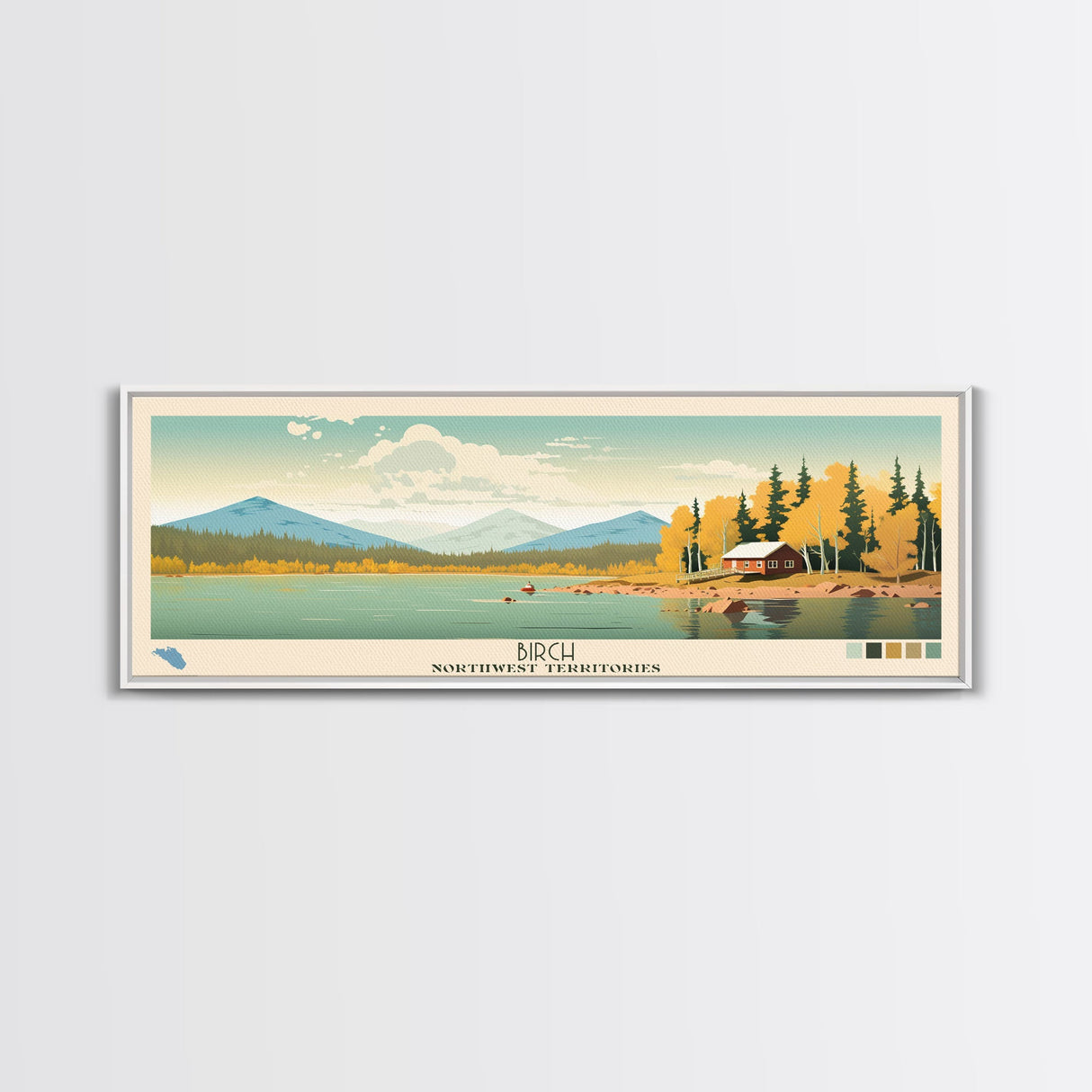Birch Northwest Territories Framed Canvas Print, Panoramic Wall Art, Midcentury Modern, Pop Art, Travel Poster, Scenic Living Room Decor, Lake House Art