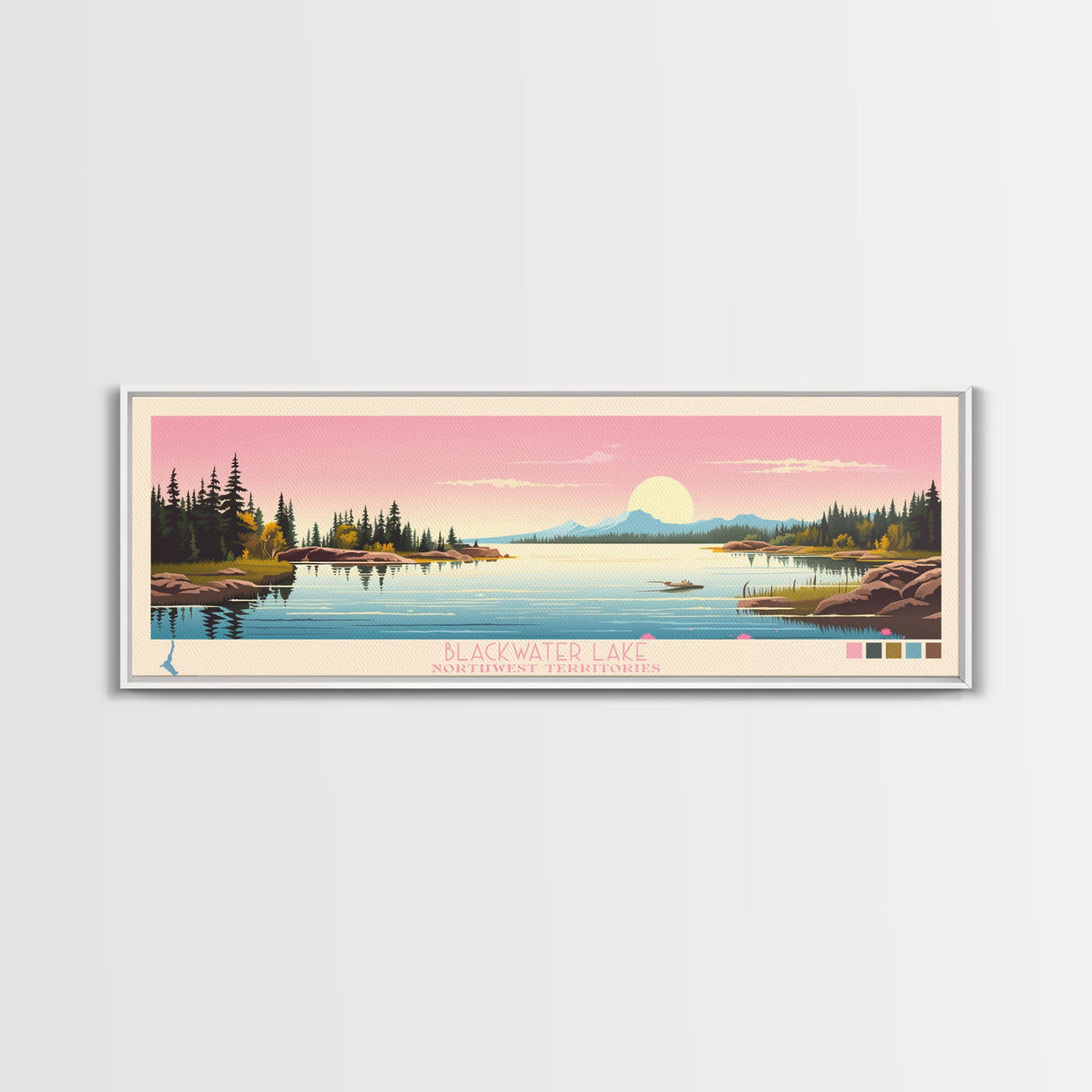 Blackwater Lake Northwest Territories Framed Canvas Print, Panoramic Wall Art, Midcentury Modern, Pop Art, Travel Poster, Scenic Living Room Art, Lake House Decor