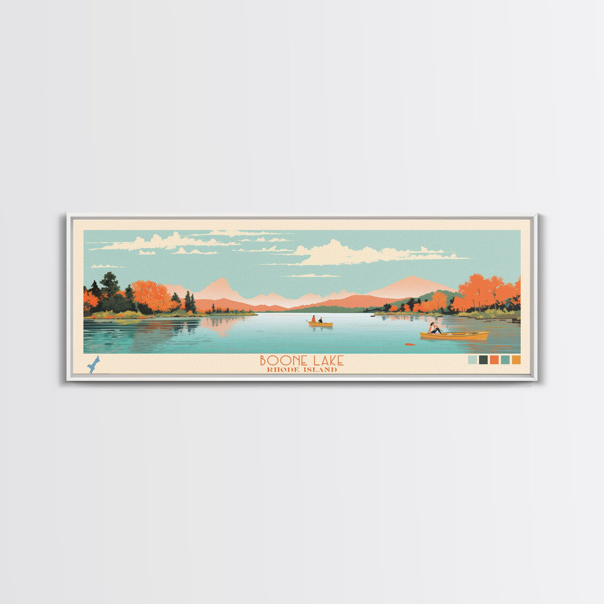 Boone Lake Rhode Island Framed Canvas Print, Panoramic Travel Poster, Midcentury Modern Wall Art, Pop Art, Nature Bedroom Decor, Scenic Lake House Art