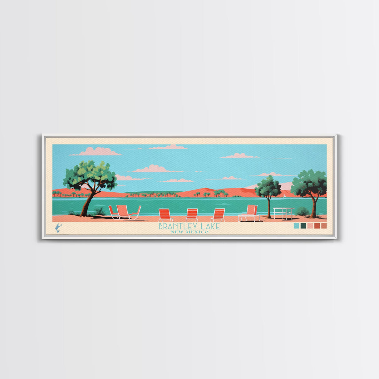 Brantley Lake New Mexico Framed Canvas Print, Midcentury Modern Panoramic Wall Art, Living Room Decor, Pop Art, Travel Poster Art, Scenic Nature Painting
