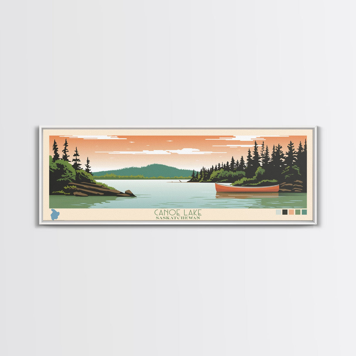 Canoe Lake Saskatchewan Framed Canvas Print, Midcentury Modern Panoramic Wall Art, Living Room Decor, Pop Art, Travel Poster Art, Scenic Nature Painting