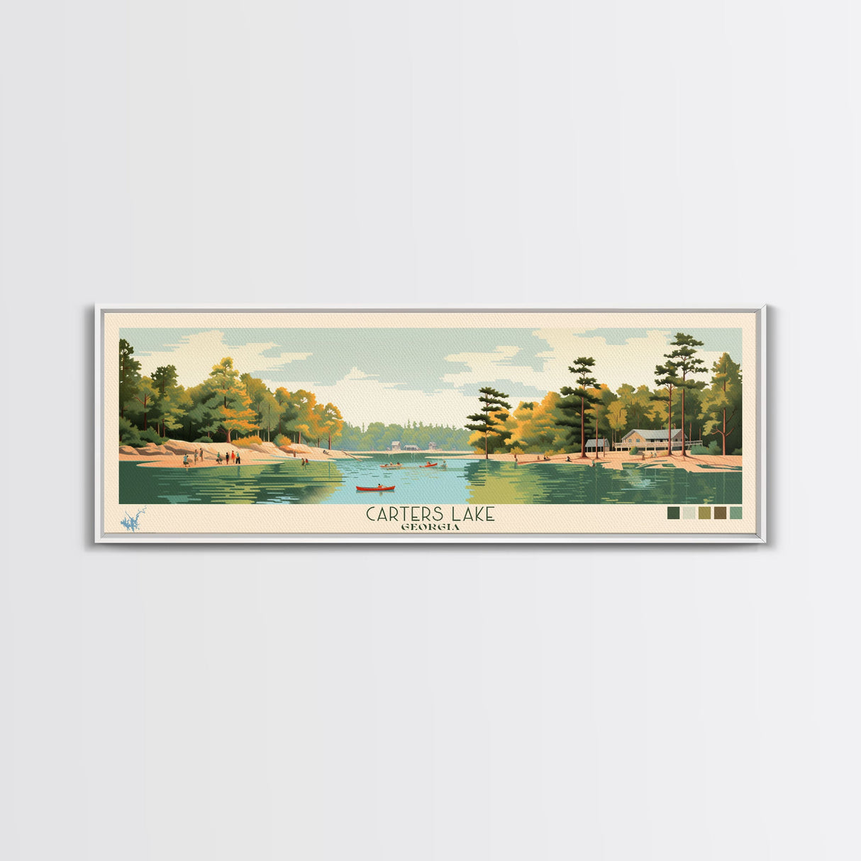 Carters Lake Georgia Framed Canvas Print, Pop Art Panoramic Travel Poster, Midcentury Modern, Wall Art, Scenic Nature Painting, Bedroom Decor, Living Room Art