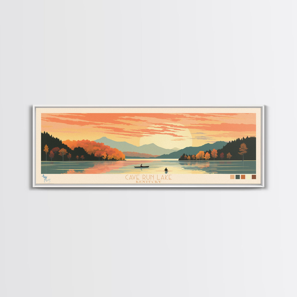 Cave Run Lake Kentucky Framed Canvas Print, Midcentury Modern Panoramic Wall Art, Living Room Decor, Pop Art, Travel Poster Art, Nature Art, Lake House Decor