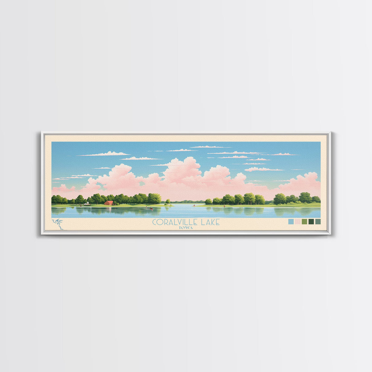 Coralville Lake Iowa Framed Canvas Print, Midcentury Modern Panoramic Wall Art, Living Room Decor, Pop Art, Travel Poster Art, Scenic Nature Painting, Lake House Decor