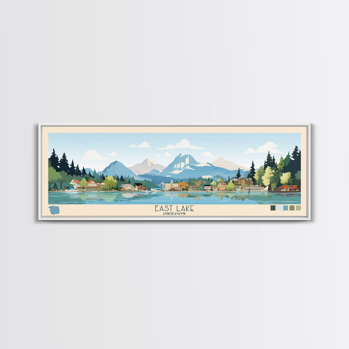 East Lake Oregon Framed Canvas Print, Panoramic Landscape Art, Midcentury Modern, Pop Art, Living Room Wall Art, Travel Poster, Beautiful Nature Art