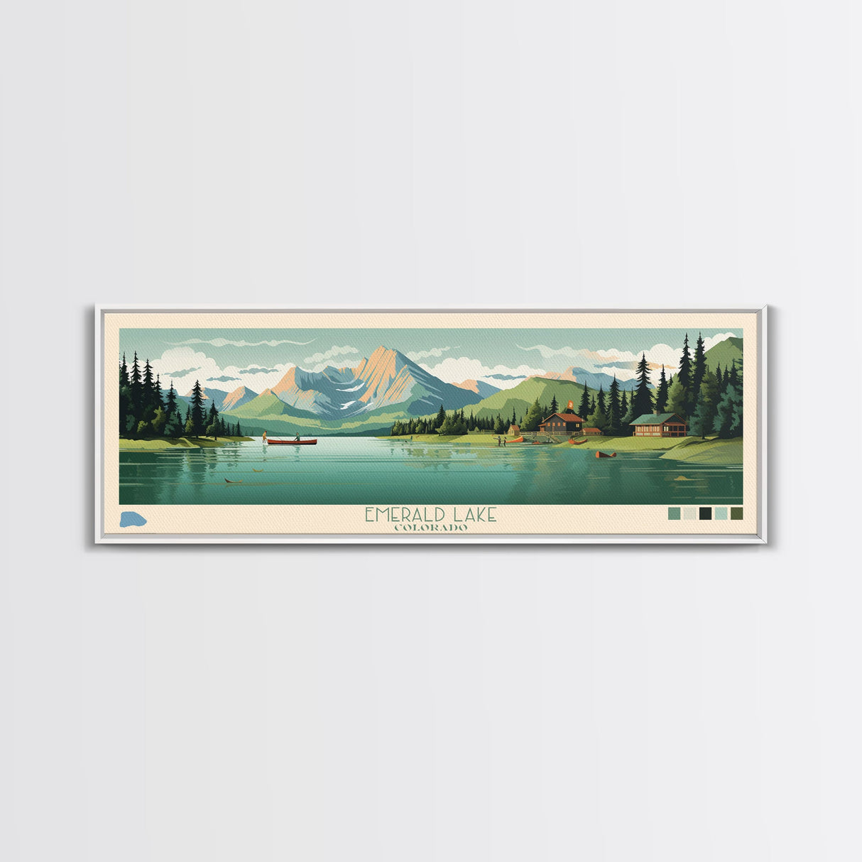 Emerald Lake Colorado Framed Canvas Print, Panoramic Art, Midcentury Modern, Pop Art, Living Room Wall Art, Travel Poster, Lake Art