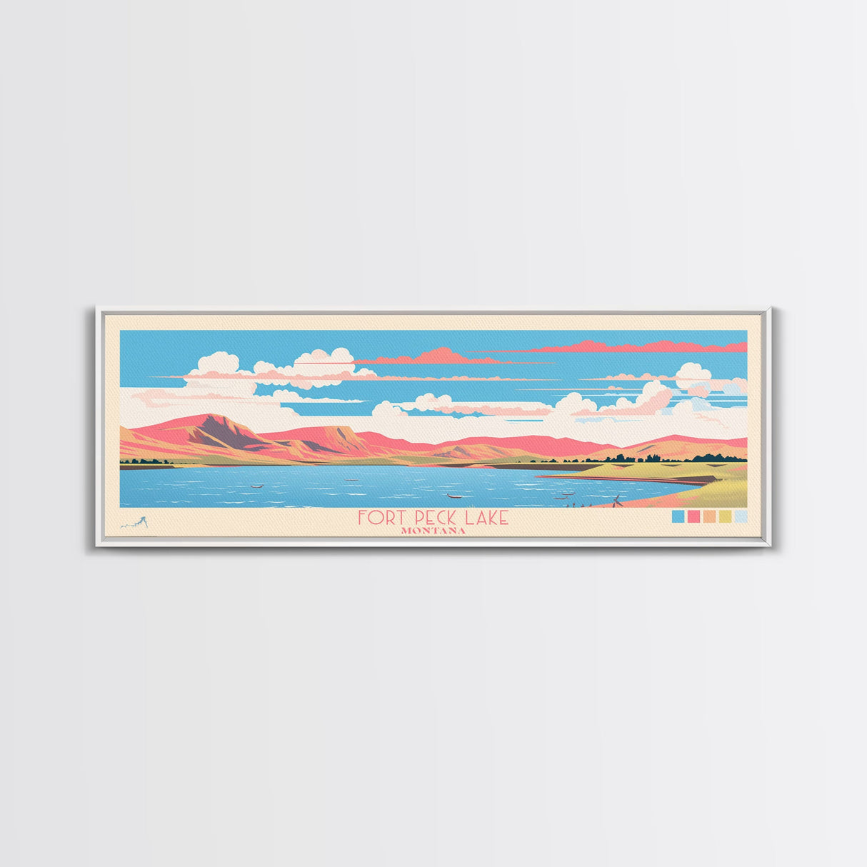 Fort Peck Lake Montana Framed Canvas Print, Panoramic Wall Art, Midcentury Modern, Pop Art, Bedroom Decor, Travel Poster, Nature Art, Artistic Decor